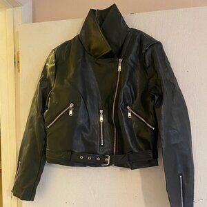 Moto Biker Jacket Women’s Black Faux Vegan Leather Cropped Belted Zip Pockets S
